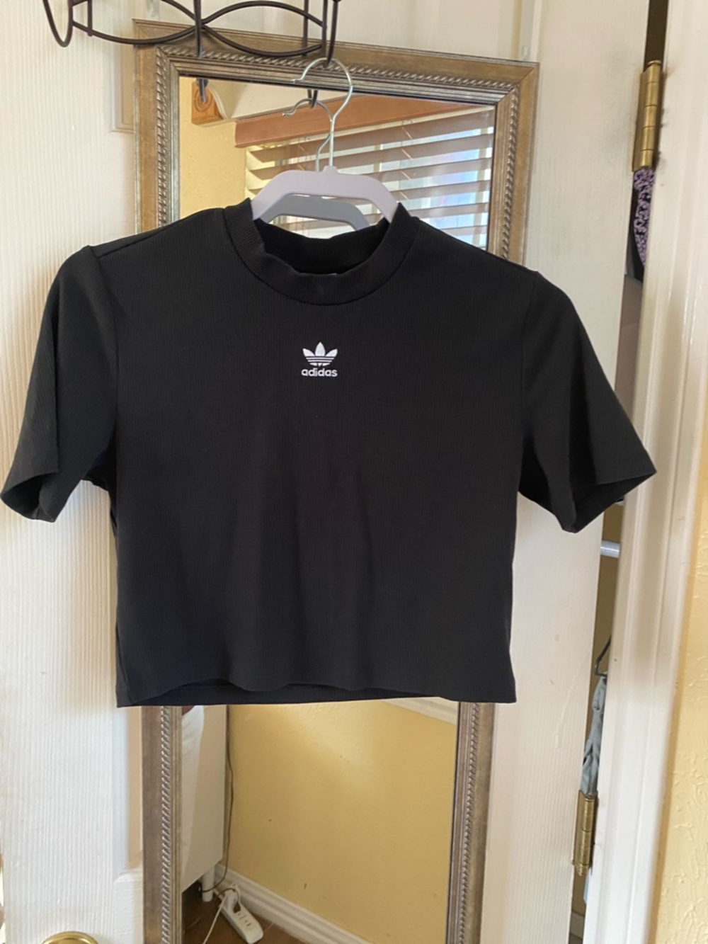 adidas Black Cropped Ribbed Tee with White Trefoil